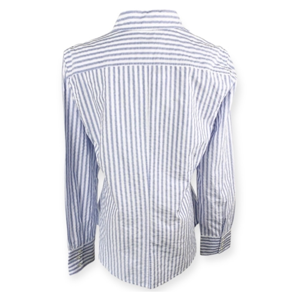 𝅺Chico’s Ladybird Stripe Ellsbury Shirt Button Down White Blue Medium Academia - Picture 4 of 8